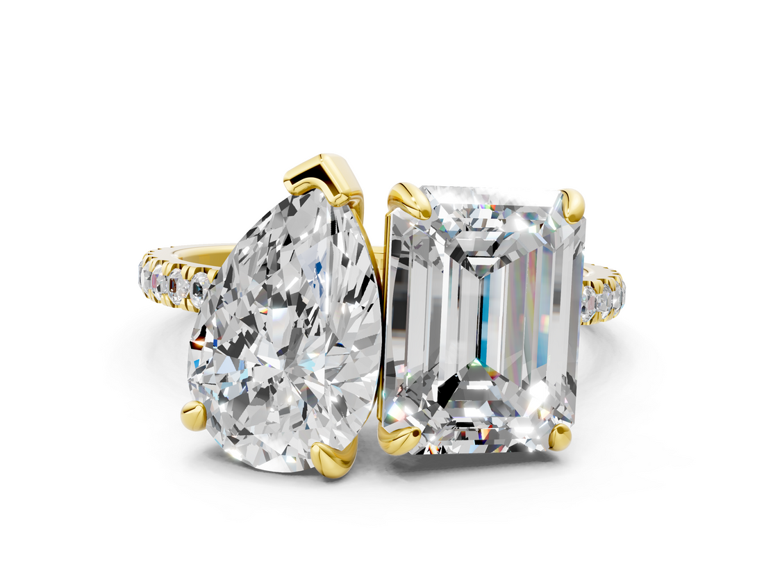 Yellow gold Pear and Radiant Toi Moi Ring with Prong Setting and Pave Band_17