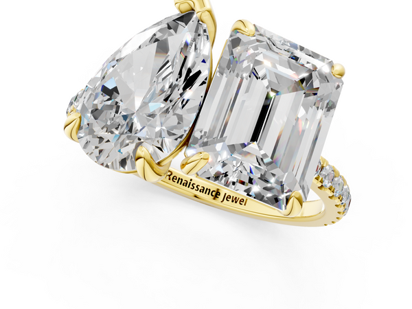 Yellow gold Pear and Radiant Toi Moi Ring with Prong Setting and Pave Band