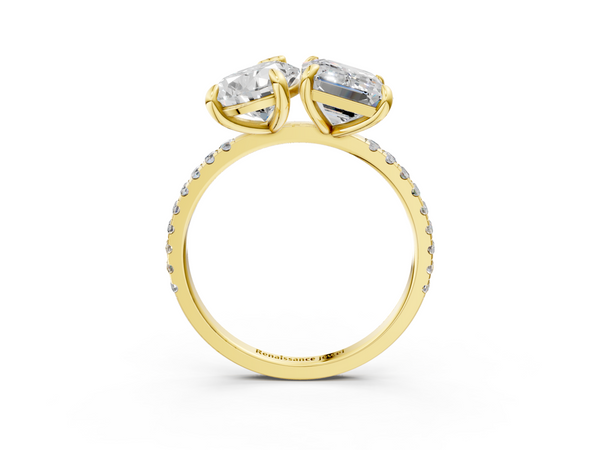 Yellow gold Pear and Radiant Toi Moi Ring with Prong Setting and Pave Band