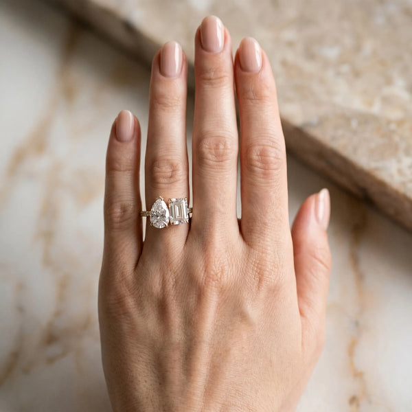 Yellow gold Pear and Radiant Toi Moi Ring with Prong Setting and Pave Band