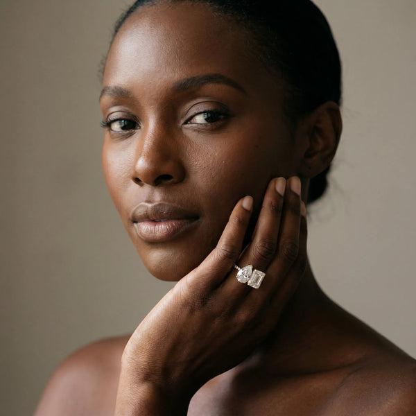 Yellow gold Pear and Radiant Toi Moi Ring with Prong Setting and Pave Band