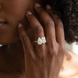 14K Yellow Gold 3.00 Carat F VS1 Pear and Radiant Toi Moi Ring with Prong Setting and Pave Band
