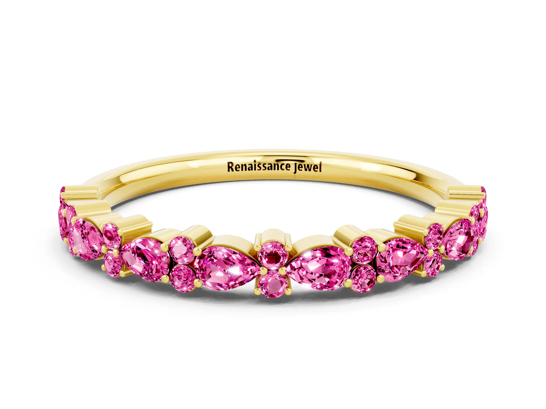 Yellow gold Pear and Round Pink Sapphire Wedding Band_18