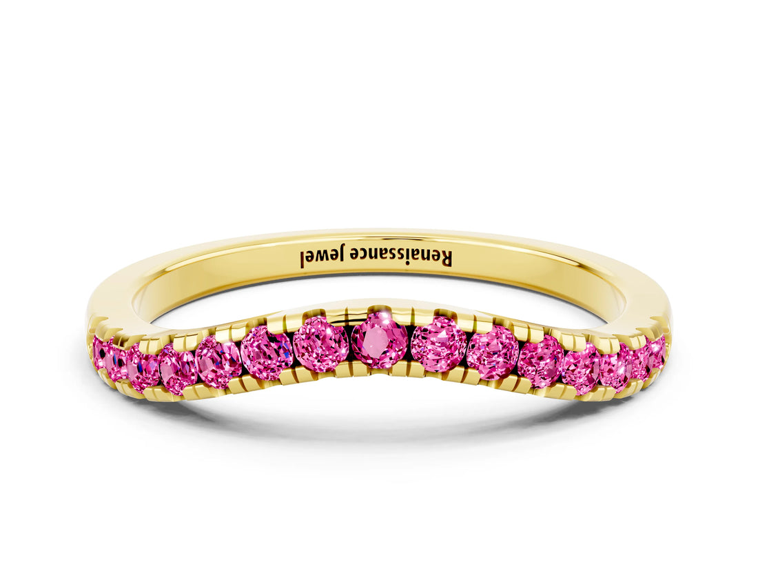Yellow gold Pink Sapphire Pavé Curved Wedding Band_18