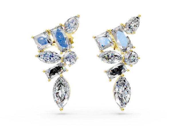 Yellow gold Princess, Baguette, Marquise, Pear and Round Diamond Cluster Stud Earrings
