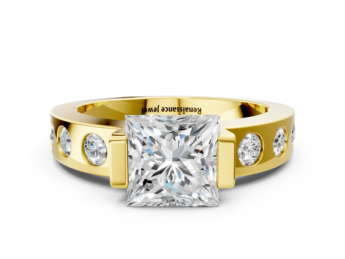 Yellow gold Princess Brilliant Channel-Set Diamond Ring with Bezel Prong Setting_6