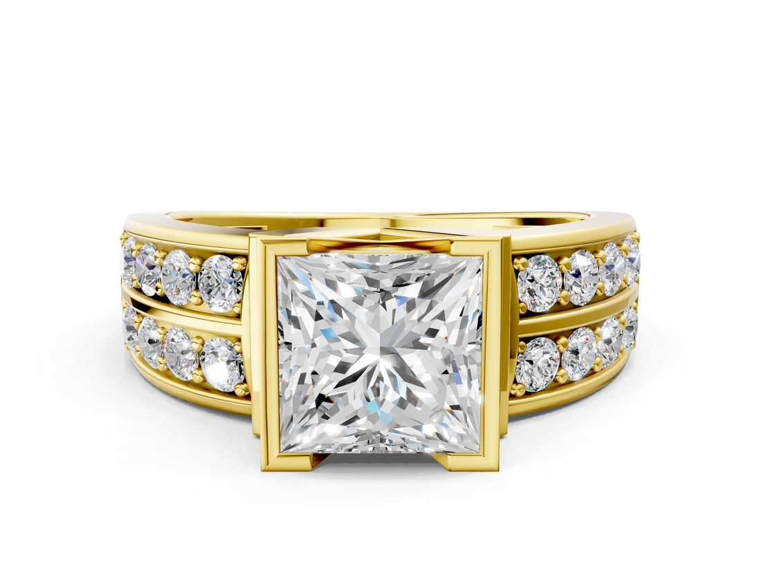 Yellow gold Princess Brilliant Diamond Channel Set Wide Band Ring with Bezel Setting_20