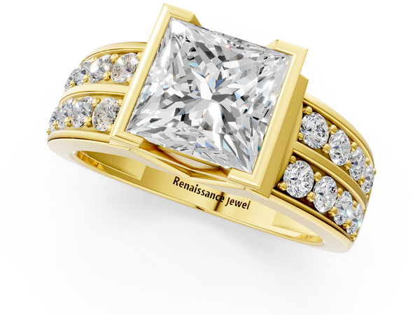 Yellow gold Princess Brilliant Diamond Channel Set Wide Band Ring with Bezel Setting