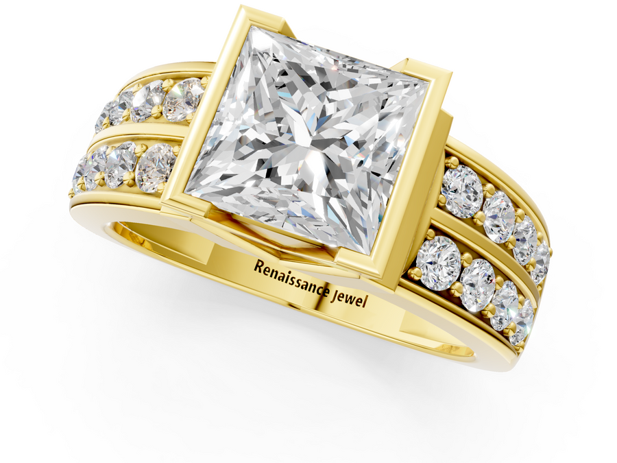 Yellow gold Princess Brilliant Diamond Channel Set Wide Band Ring with Bezel Setting