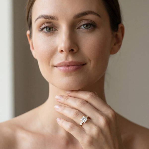 Yellow gold Princess Brilliant Diamond Five-Stone Engagement Ring with Prong Setting on a Classic Band