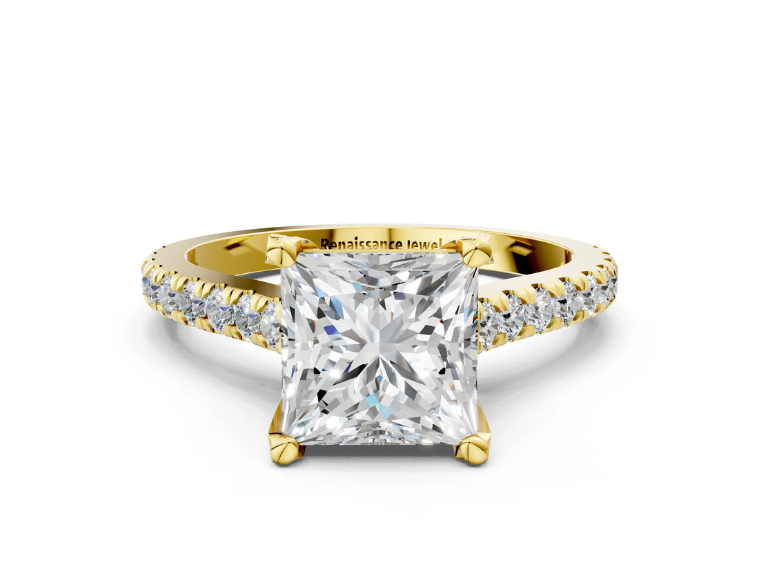 Yellow gold Princess Brilliant Diamond Solitaire with Pavé Band and Four-Prong Setting 1