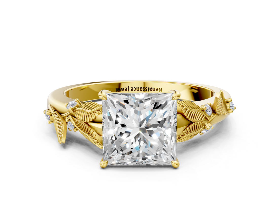 Yellow gold Princess Brilliant Solitaire with Leaf Motif Band and Four-Prong Setting_73