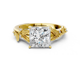 Yellow gold Princess Brilliant Solitaire with Leaf Motif Band and Four-Prong Setting_73
