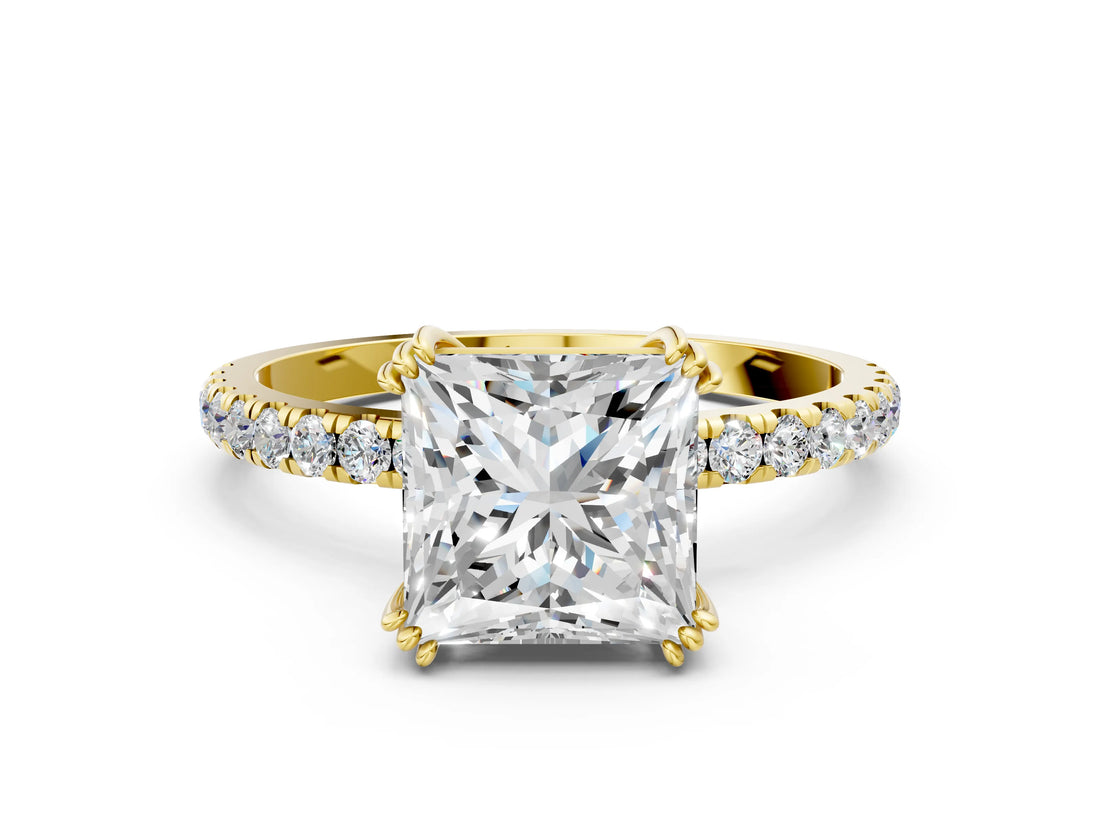 Yellow gold Princess Brilliant Solitaire with Pavé Band and Claw Prong Setting_7