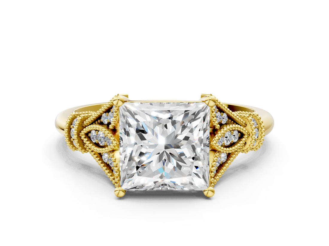 Yellow gold Princess Brilliant Solitaire with Pave Band and Four-Prong Setting_20