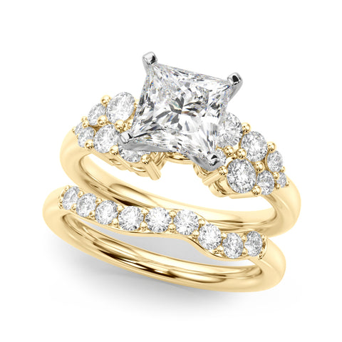 Yellow gold Princess Cluster Diamond Engagement Ring with Pavé Band and Four-Prong Setting 1