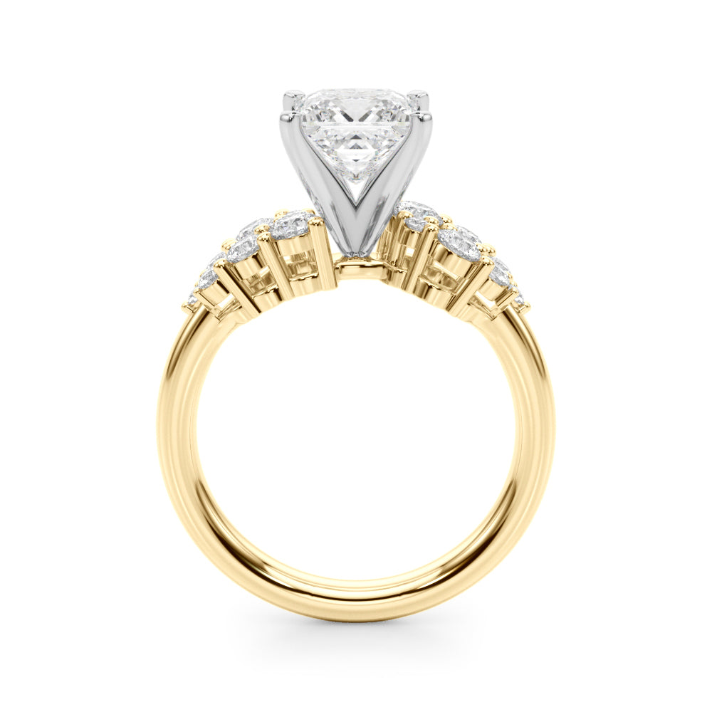 Yellow gold Princess Cluster Diamond Engagement Ring with Pavé Band and Four-Prong Setting 2