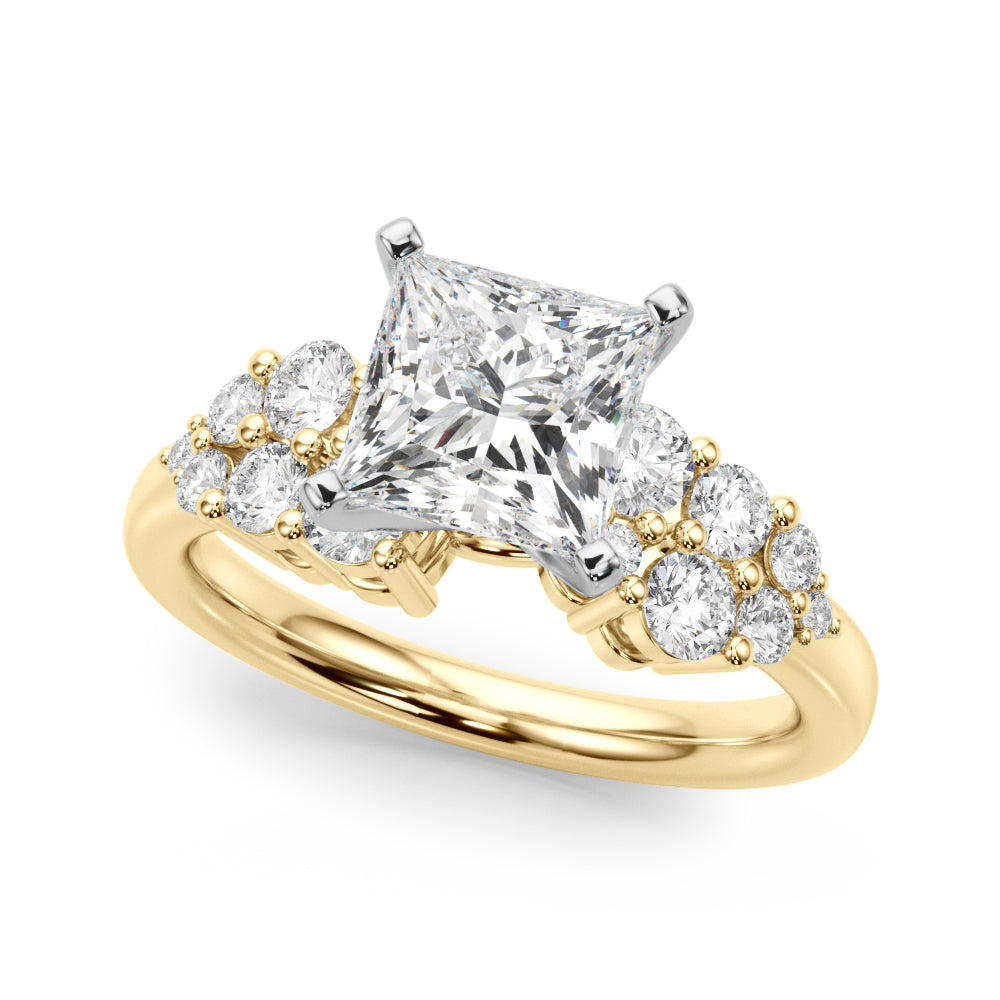 Yellow gold Princess Cluster Diamond Engagement Ring with Pavé Band and Four-Prong Setting