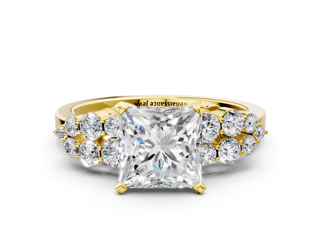 Yellow gold Princess Cluster Diamond Engagement Ring with Pavé Band and Four-Prong Setting_54