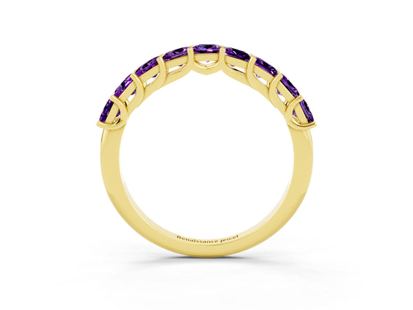 Yellow Gold Princess Cut Amethyst Half Eternity Band with Shared Corner Prongs