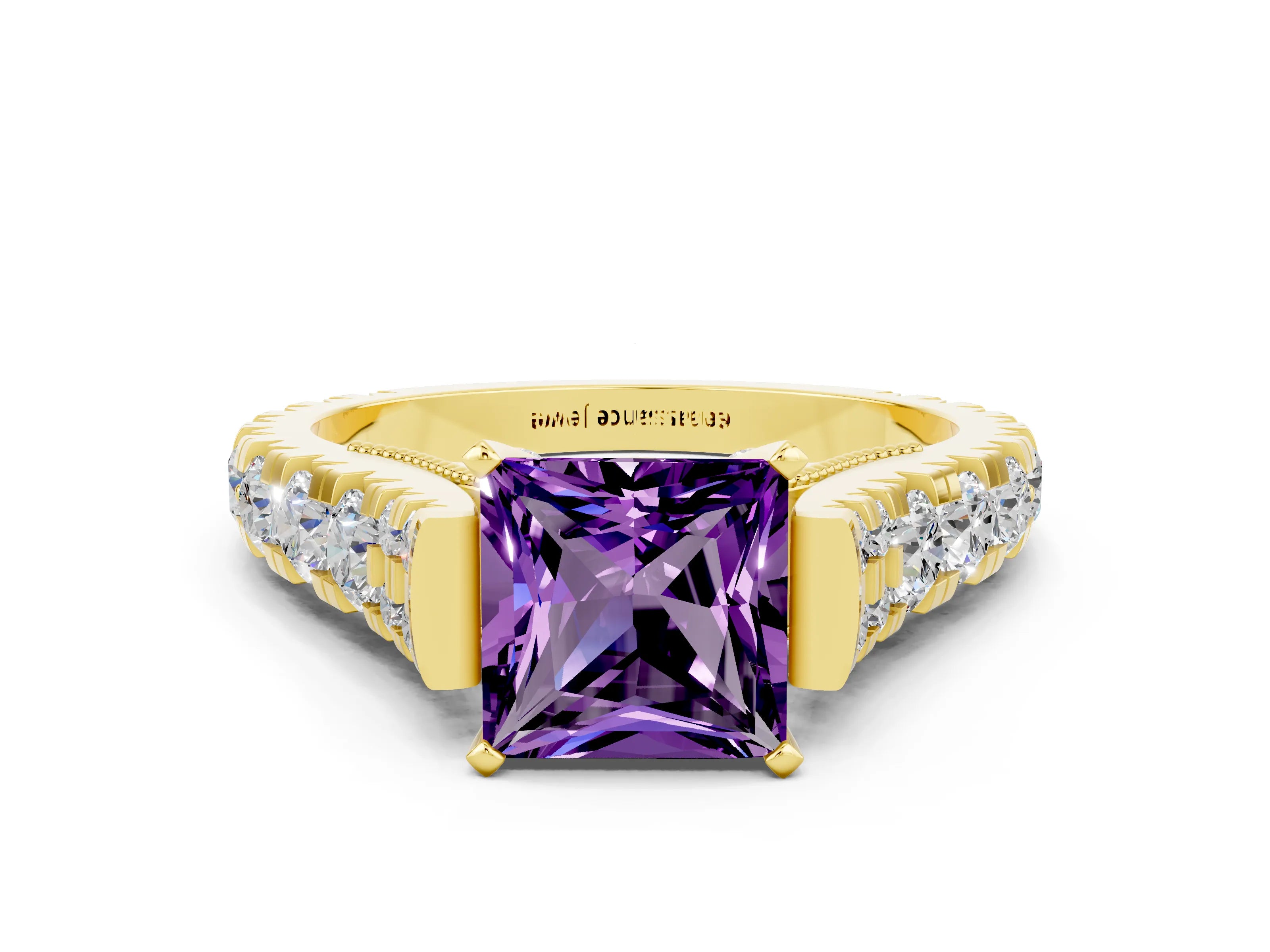 Yellow gold Princess Cut Amethyst Classic Solitaire Ring with Pavé Band and Four-Prong Setting