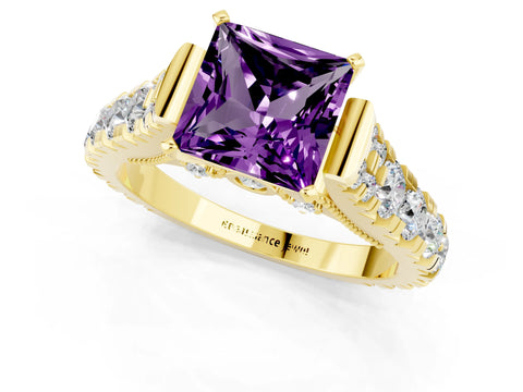 Yellow gold Princess Cut Amethyst Classic Solitaire Ring with Pavé Band and Four-Prong Setting_1