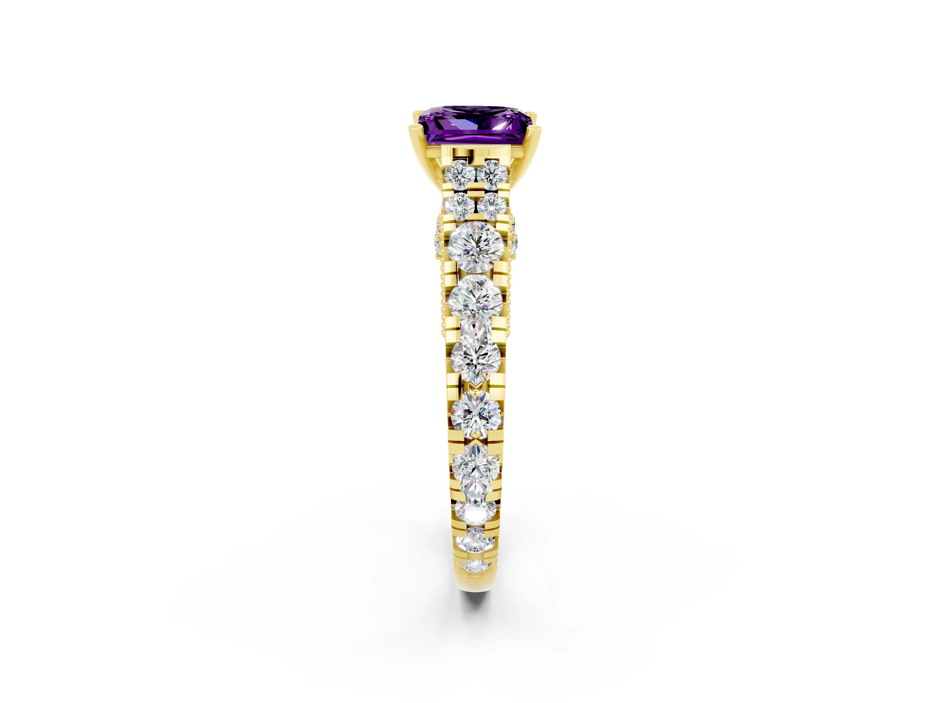 Yellow gold Princess Cut Amethyst Classic Solitaire Ring with Pavé Band and Four-Prong Setting_2