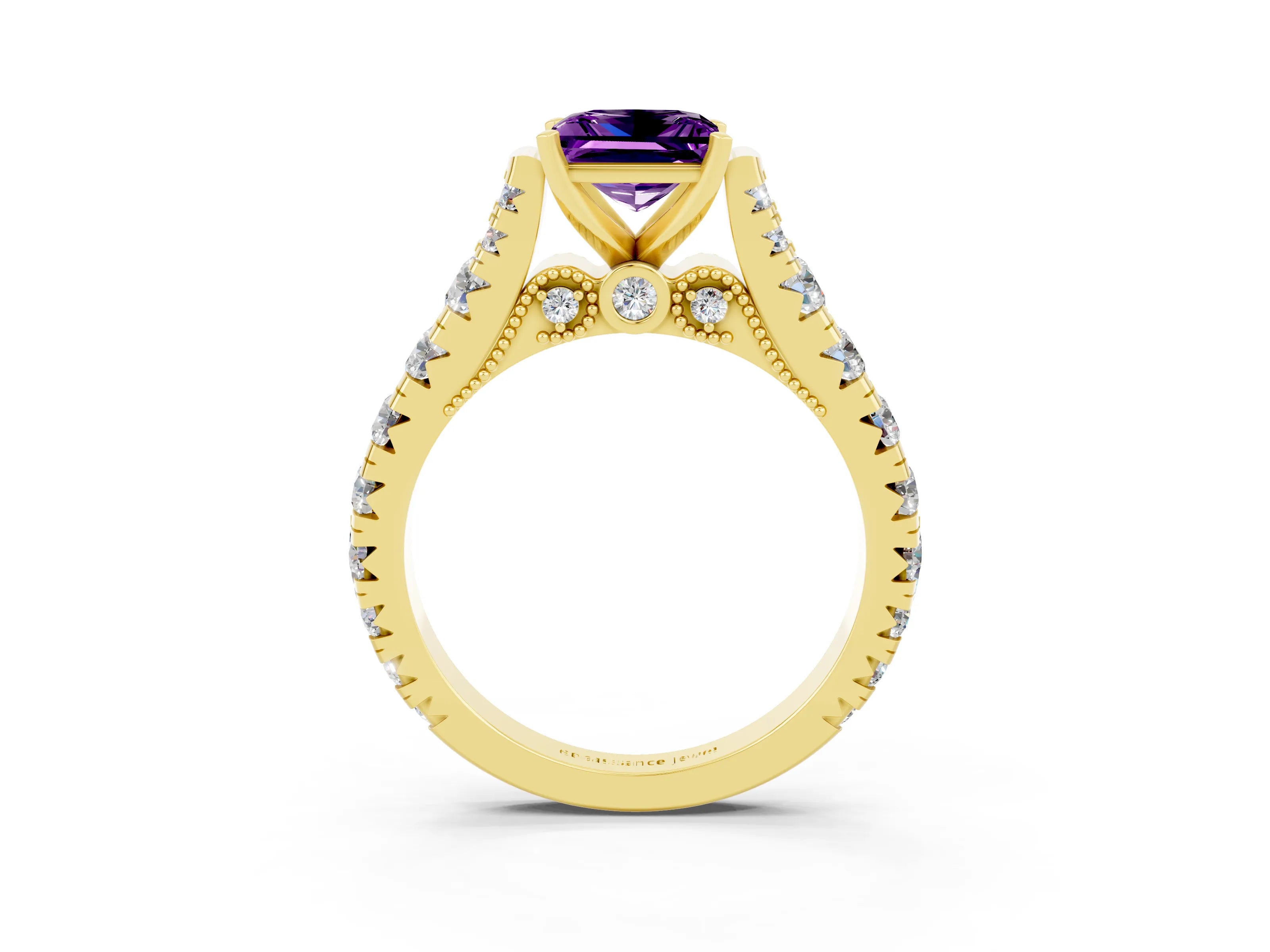 Yellow gold Princess Cut Amethyst Classic Solitaire Ring with Pavé Band and Four-Prong Setting_3