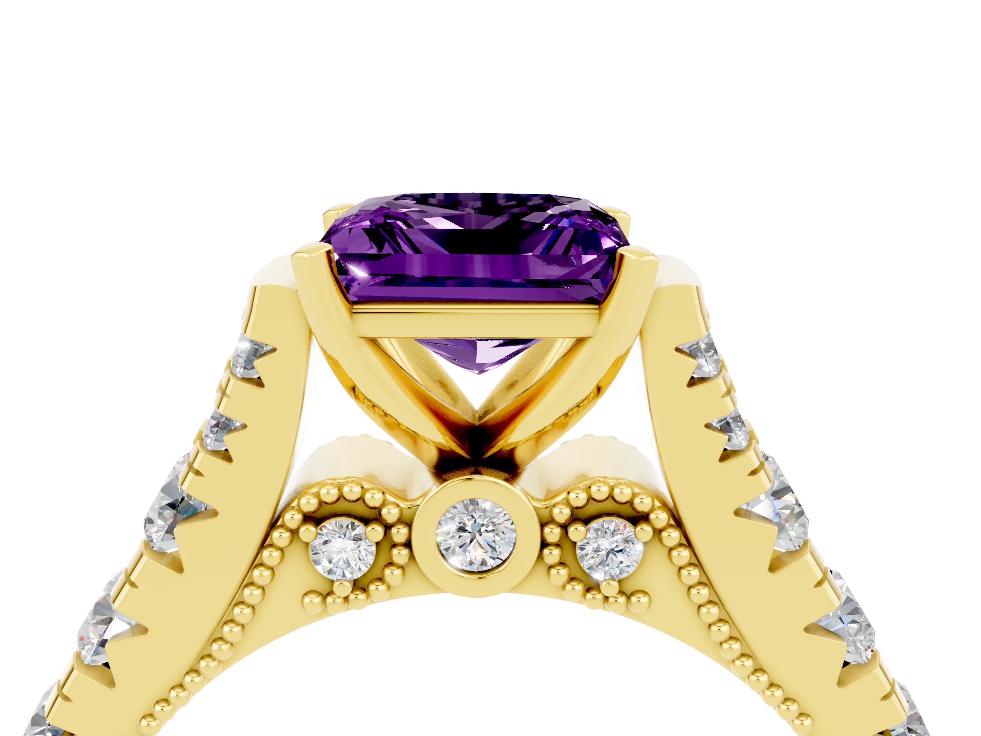 Yellow gold Princess Cut Amethyst Classic Solitaire Ring with Pavé Band and Four-Prong Setting_4