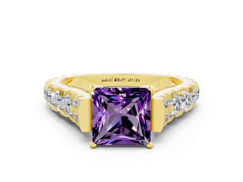 Yellow gold Princess Cut Amethyst Classic Solitaire Ring with Pavé Band and Four-Prong Setting