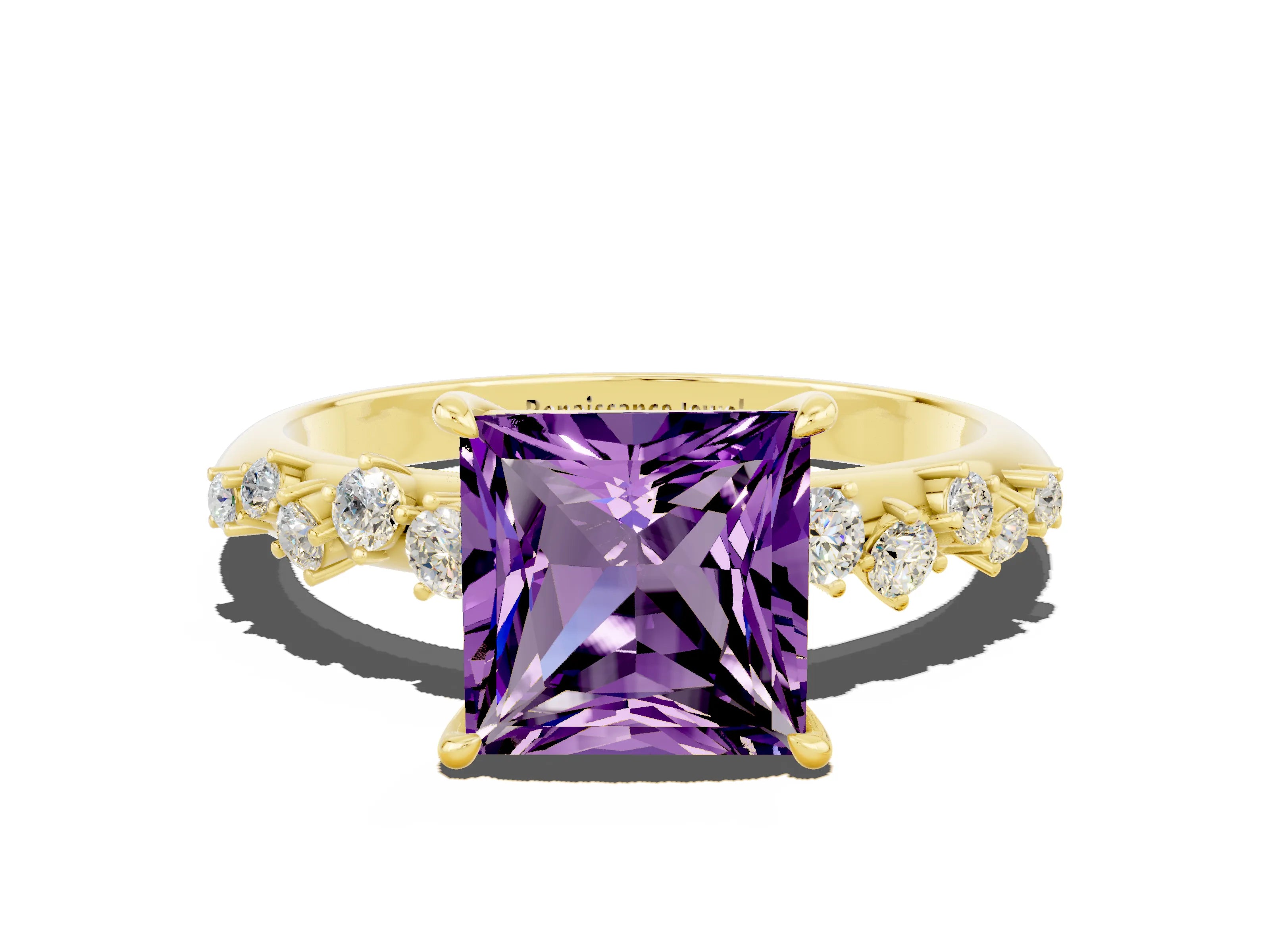 Yellow gold Princess Cut Amethyst Cluster Side Stone Solitaire Ring with Prong Setting_24