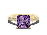 Yellow gold Princess Cut Amethyst Cluster Side Stone Solitaire Ring with Prong Setting_24