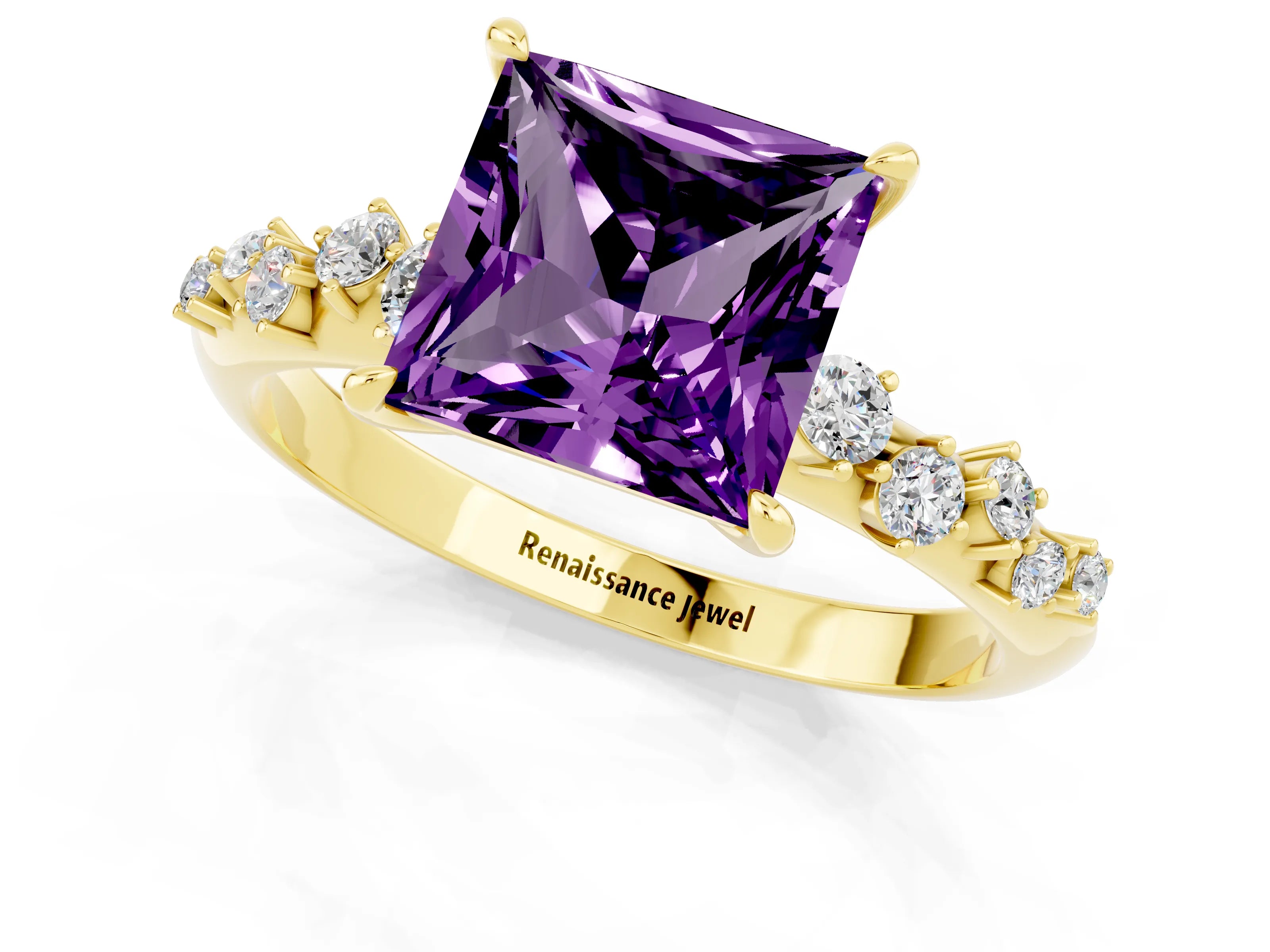 Yellow gold Princess Cut Amethyst Cluster Side Stone Solitaire Ring with Prong Setting_25