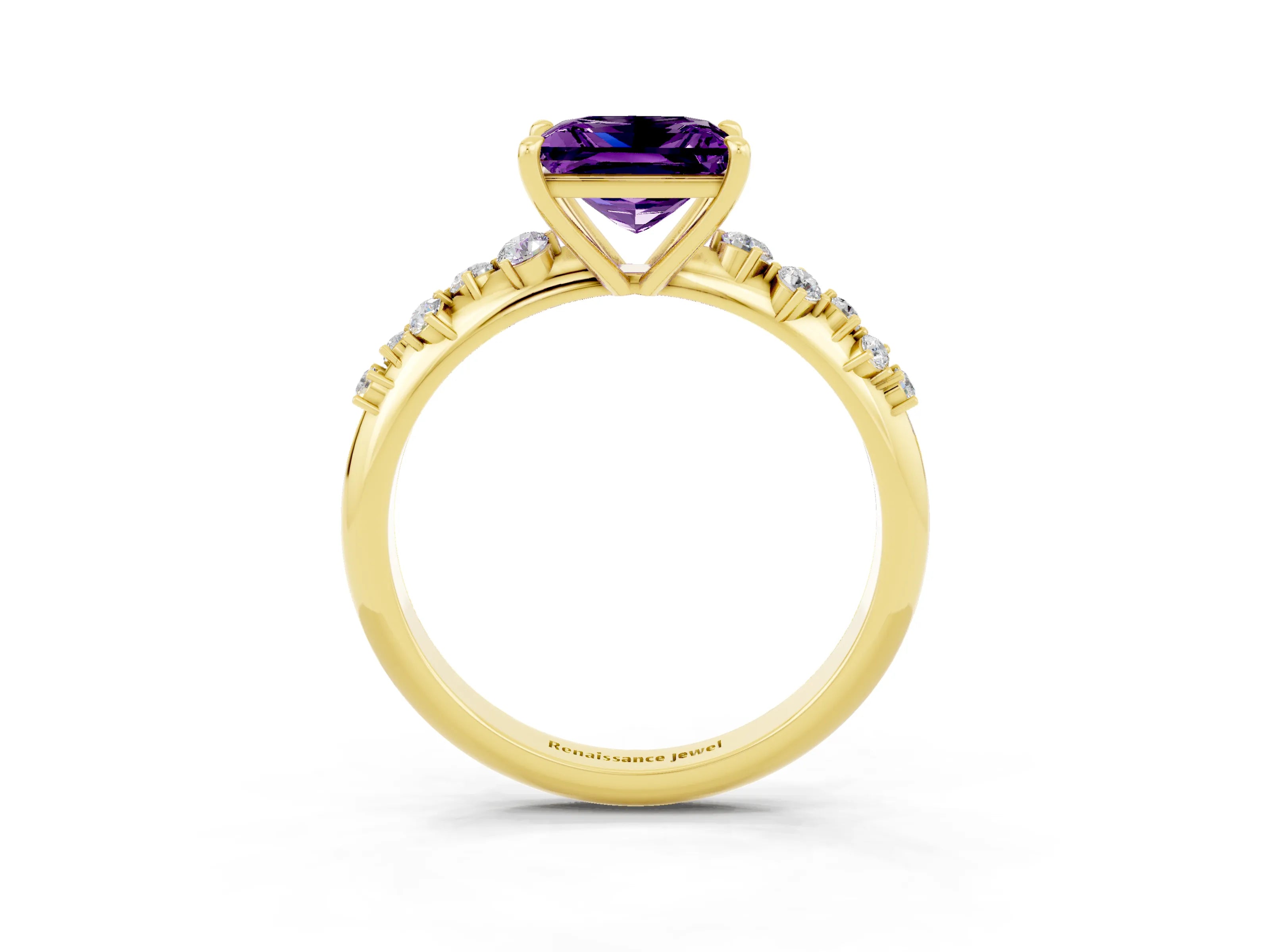 Yellow gold Princess Cut Amethyst Cluster Side Stone Solitaire Ring with Prong Setting_27