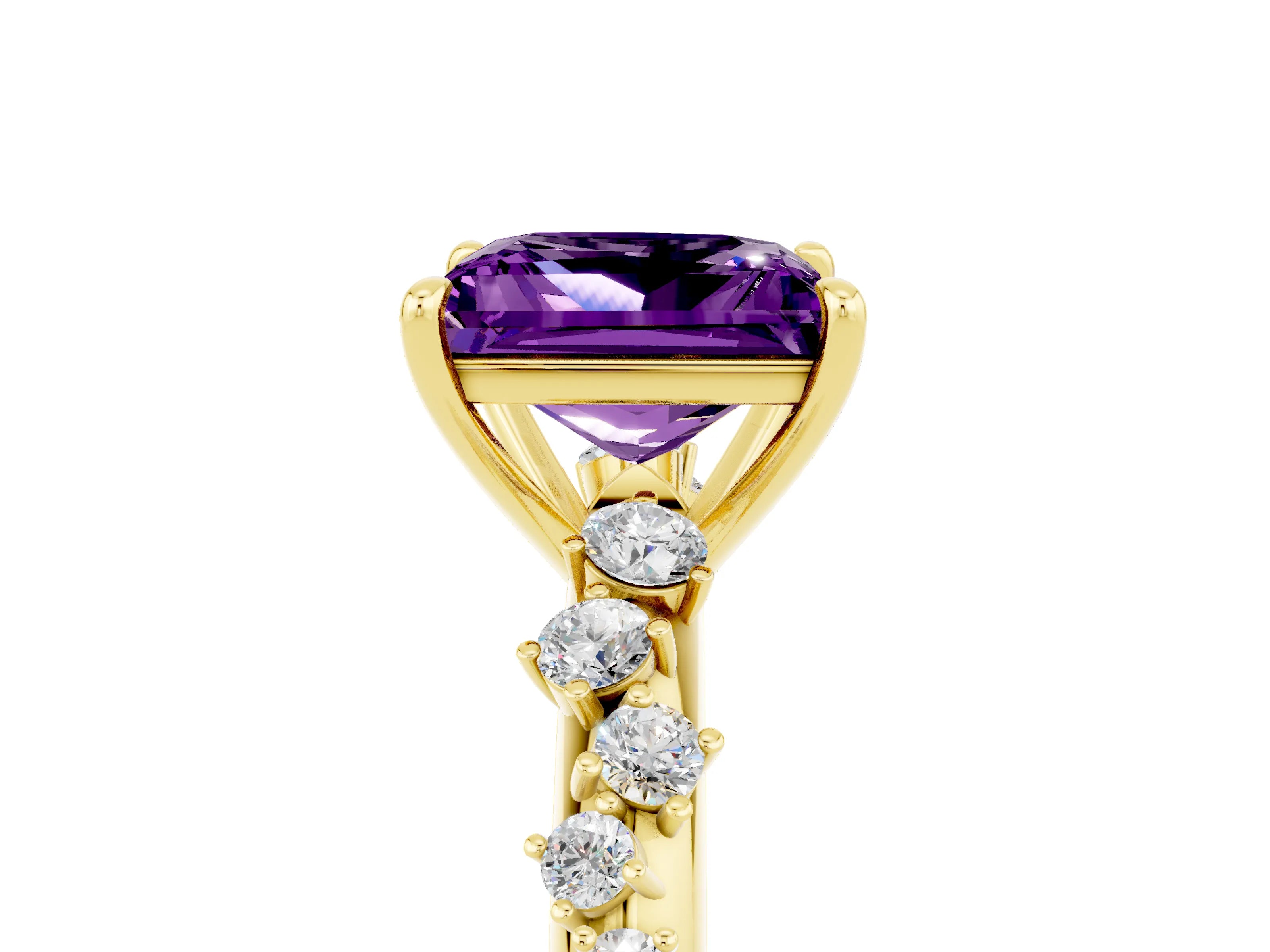 Yellow gold Princess Cut Amethyst Cluster Side Stone Solitaire Ring with Prong Setting_29