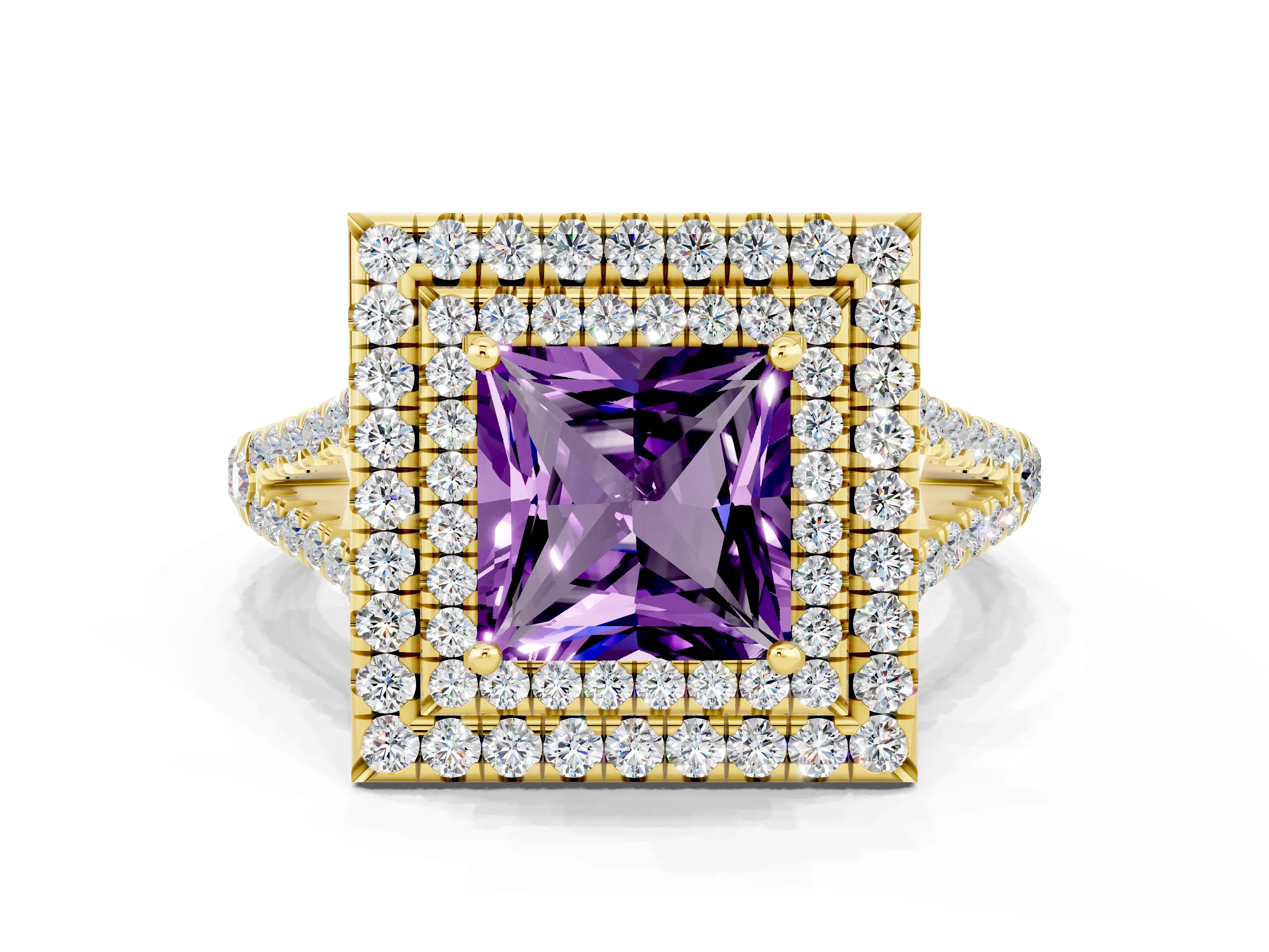 Yellow gold Princess Cut Amethyst Double Halo Ring with Pavé Band and Prong Setting_12