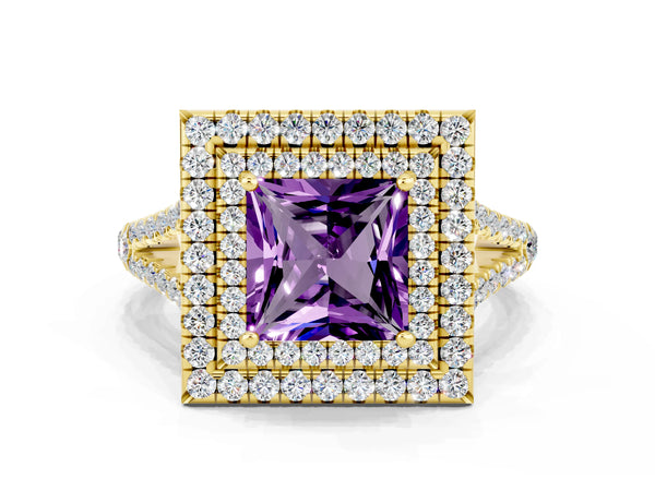 Yellow gold Princess Cut Amethyst Double Halo Ring with Pavé Band and Prong Setting