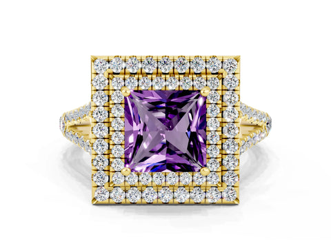 Yellow gold Princess Cut Amethyst Double Halo Ring with Pavé Band and Prong Setting_12