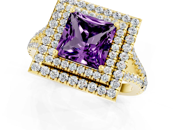 Yellow gold Princess Cut Amethyst Double Halo Ring with Pavé Band and Prong Setting