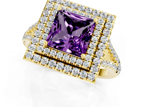 Yellow gold Princess Cut Amethyst Double Halo Ring with Pavé Band and Prong Setting_13