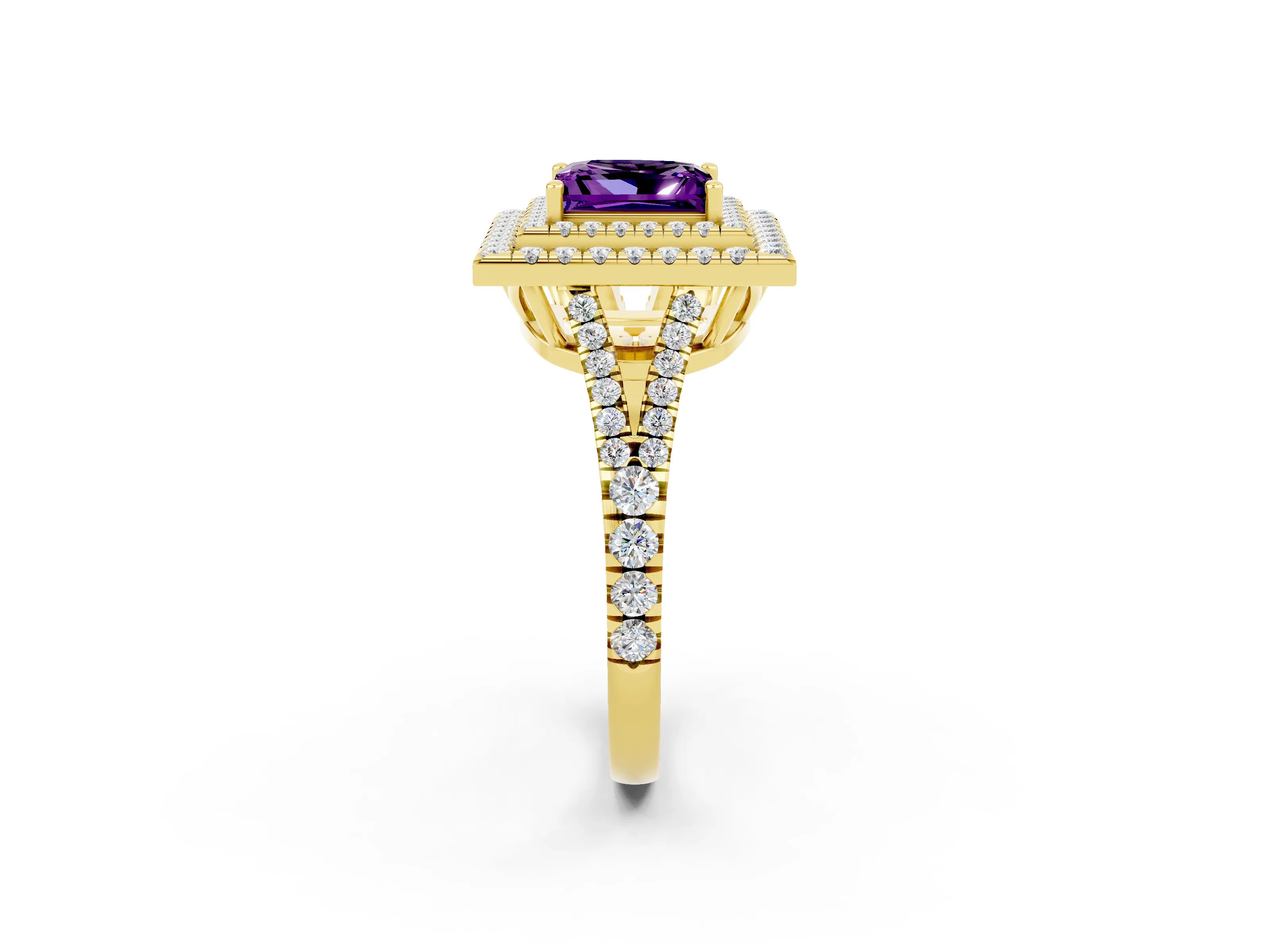 Yellow gold Princess Cut Amethyst Double Halo Ring with Pavé Band and Prong Setting_14