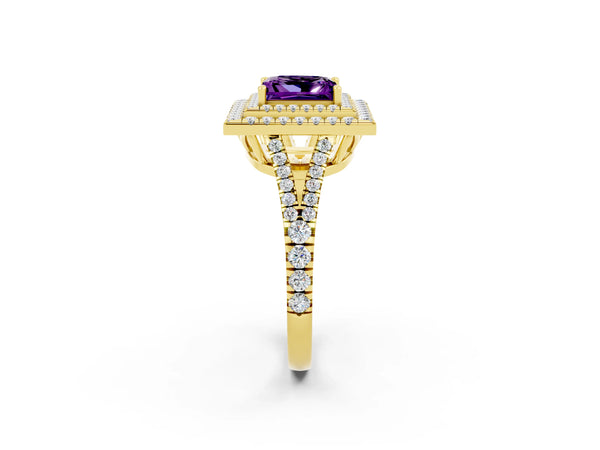 Yellow gold Princess Cut Amethyst Double Halo Ring with Pavé Band and Prong Setting