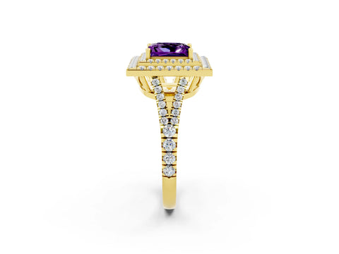 Yellow gold Princess Cut Amethyst Double Halo Ring with Pavé Band and Prong Setting_14