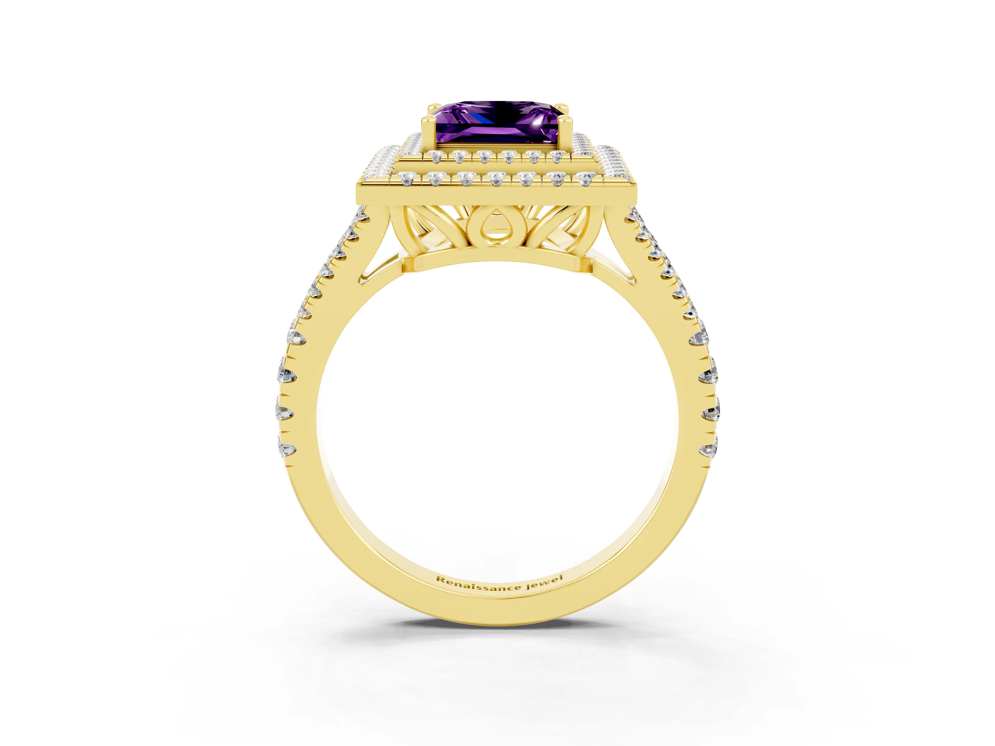 Yellow gold Princess Cut Amethyst Double Halo Ring with Pavé Band and Prong Setting_15