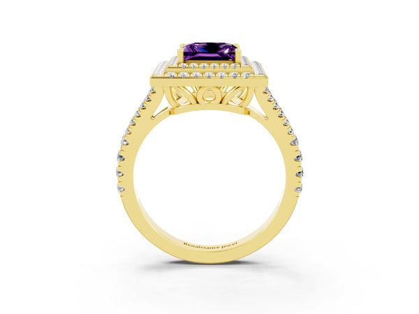 Yellow gold Princess Cut Amethyst Double Halo Ring with Pavé Band and Prong Setting