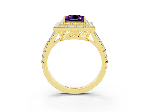 Yellow gold Princess Cut Amethyst Double Halo Ring with Pavé Band and Prong Setting_15