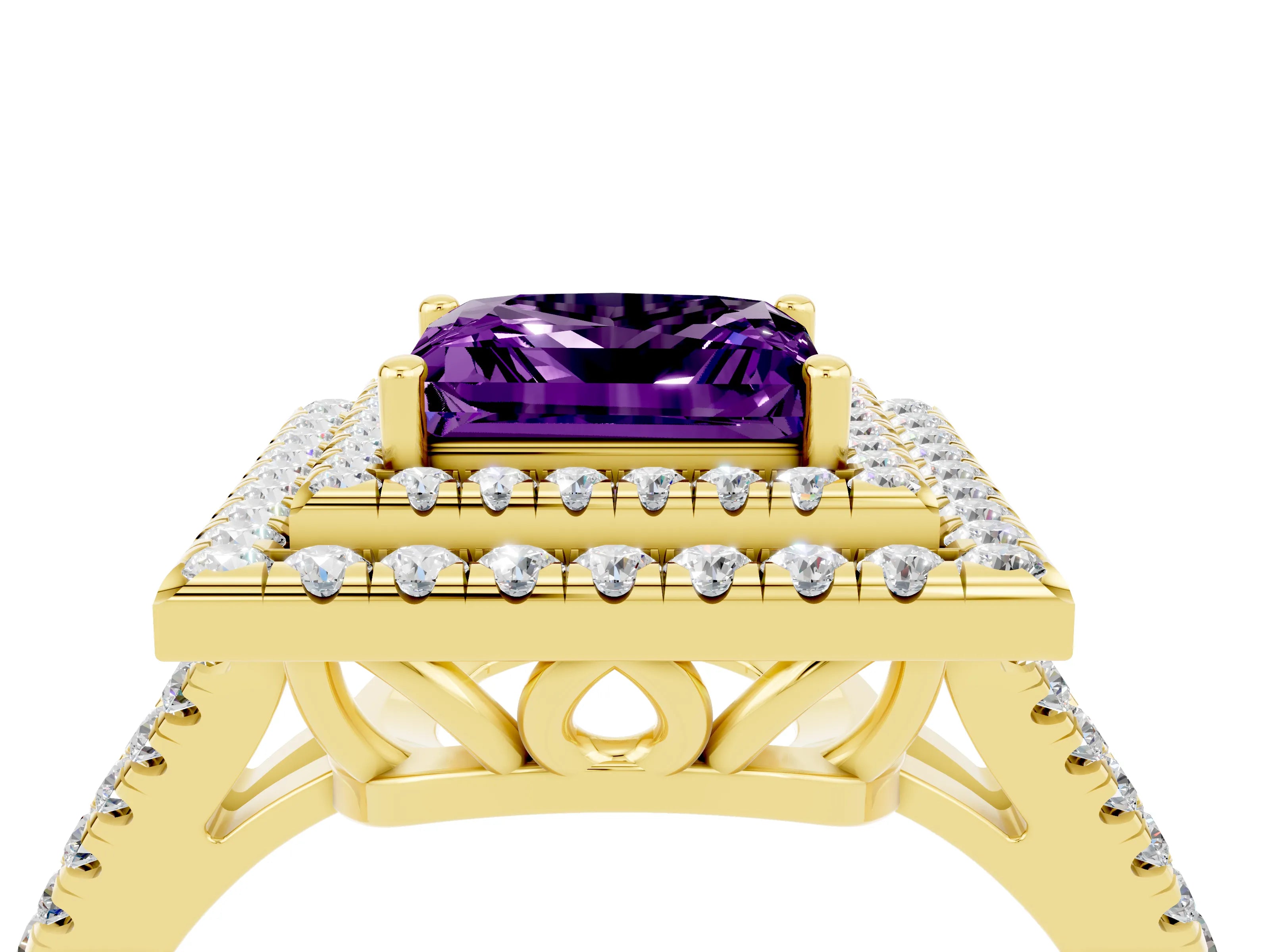 Yellow gold Princess Cut Amethyst Double Halo Ring with Pavé Band and Prong Setting_16
