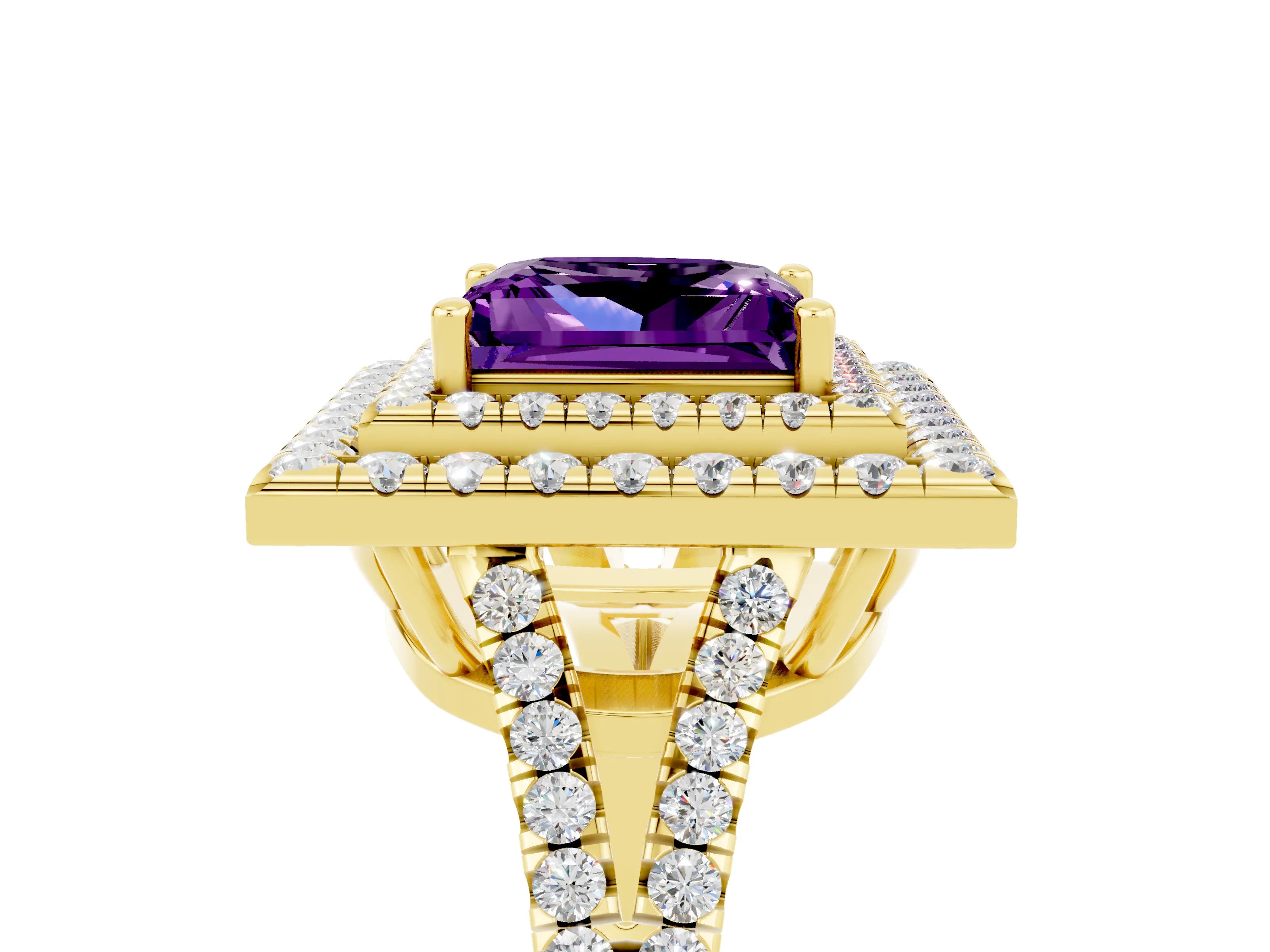 Yellow gold Princess Cut Amethyst Double Halo Ring with Pavé Band and Prong Setting_17