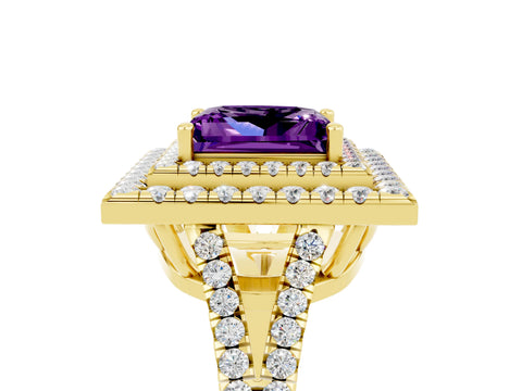 Yellow gold Princess Cut Amethyst Double Halo Ring with Pavé Band and Prong Setting_17