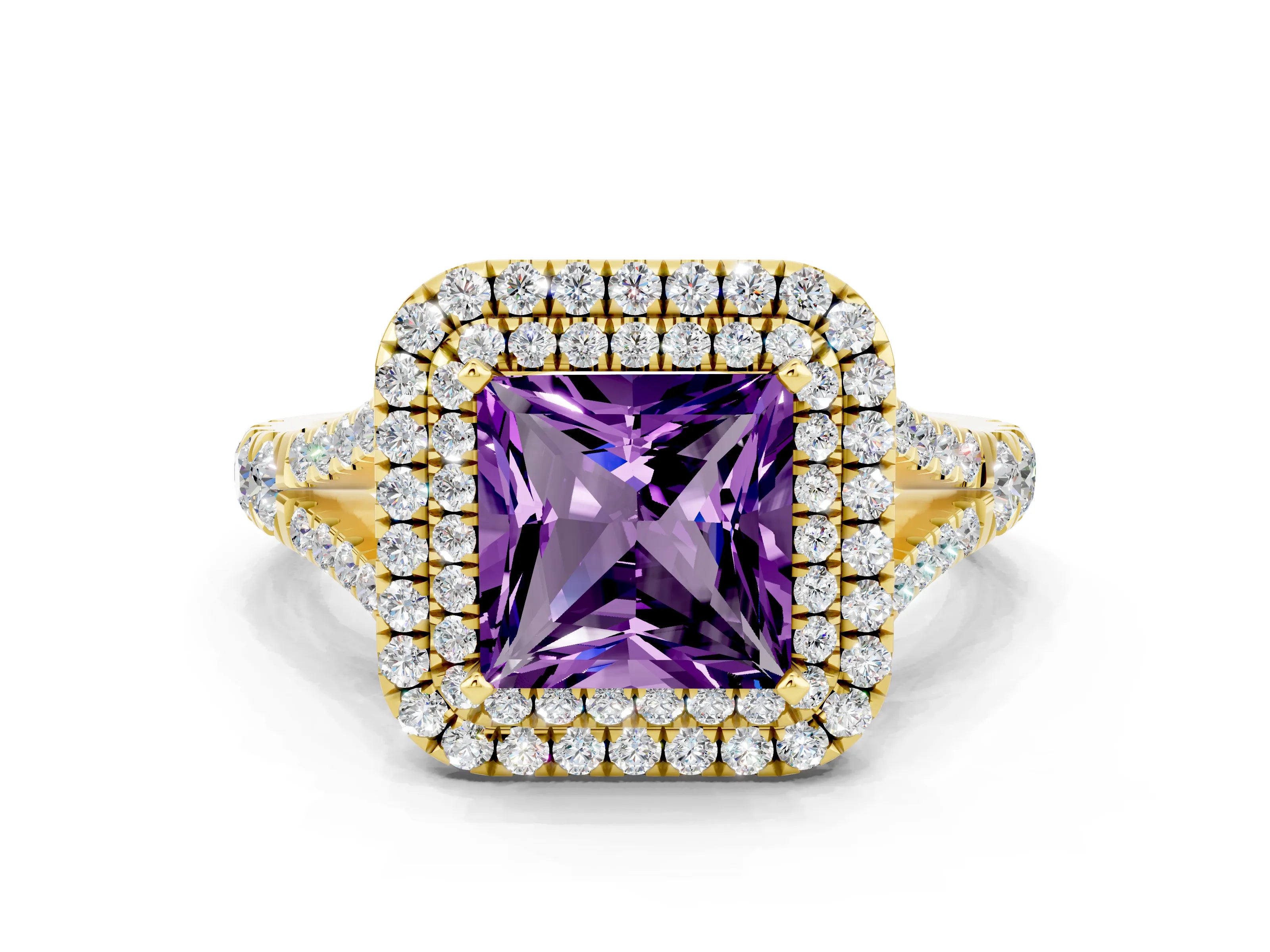 Yellow gold Princess Cut Amethyst Double Halo Ring with Split Shank and Prong Setting_12